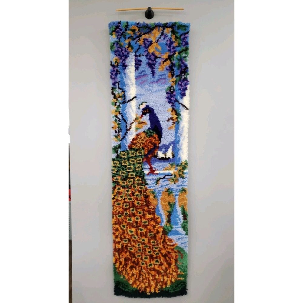 LARGE Vintage Latch Hook Rug Completed Beach Sea Wall Hanging PEACOCK maximalist